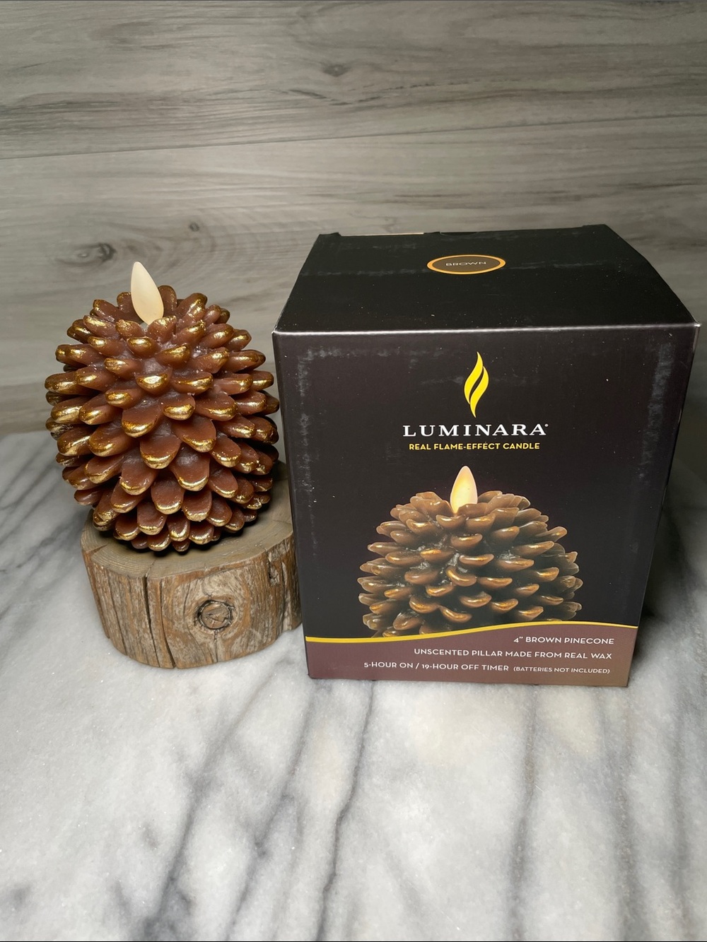 NIB- Luminara Real Wax Flameless LED Moving Flame Pinecone, Brown